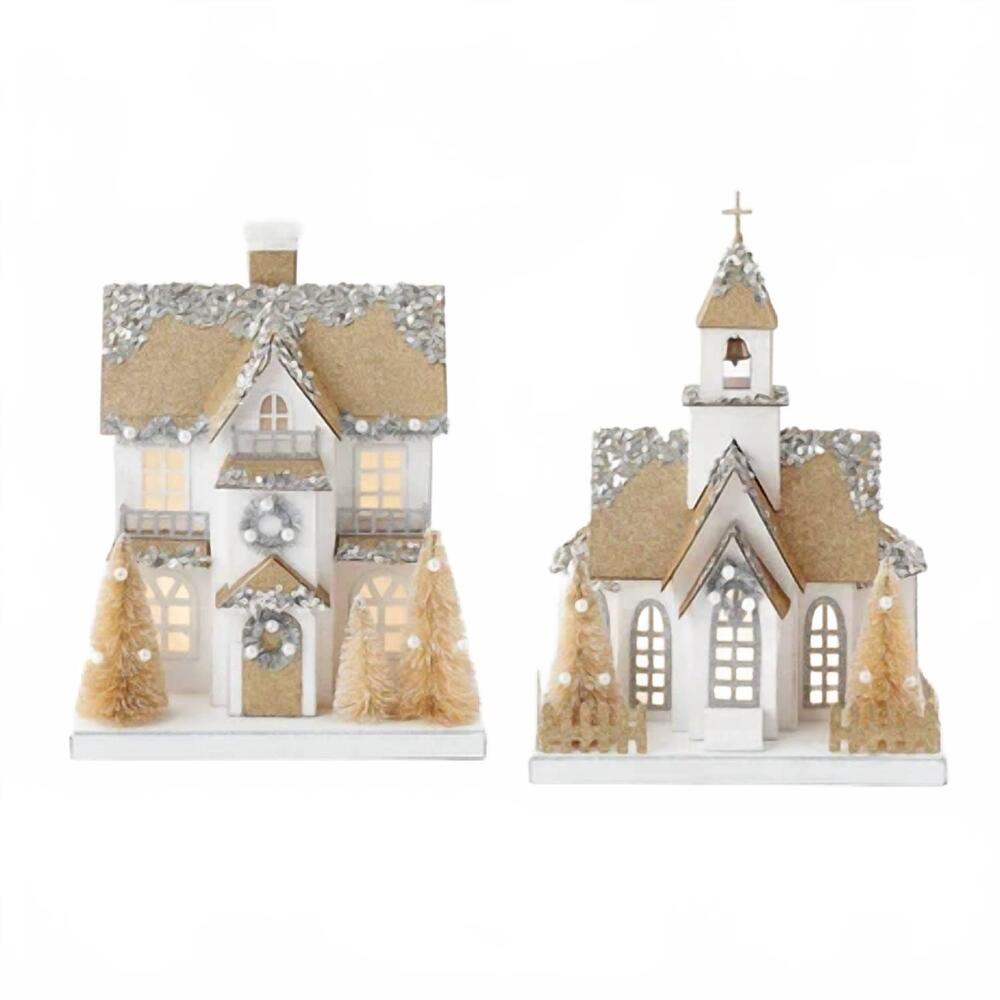 NEW ONE HUNDRED 80 DEGREES lighted holiday house and church in white and gold
